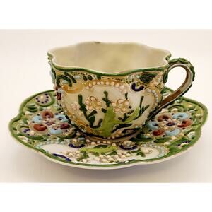 Vintage Lenwile Ardalt Floral Teacup And Saucer Set Raised Moriage Japanese